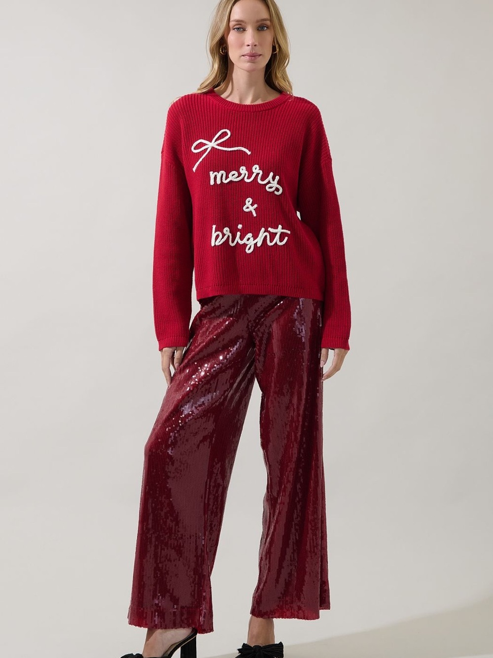 Merry and Bright Long Sleeve Sweater-Red